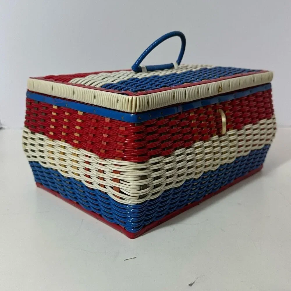 Vintage Red/White/Blue Sewing Basket with Satin Lining